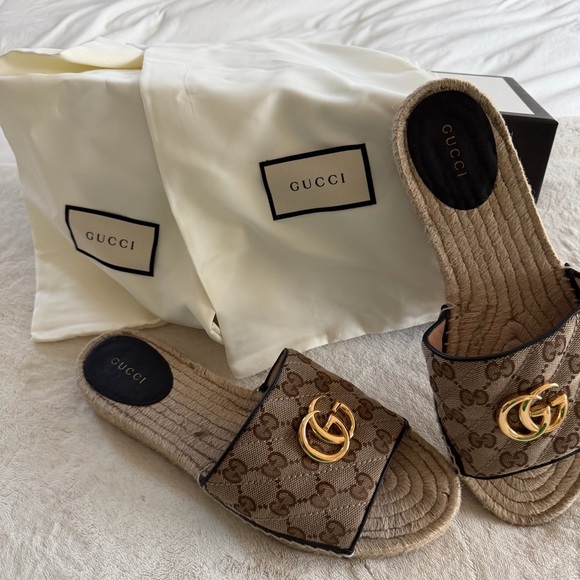 Gucci Brown GG Espadrille Sandal with Gold Double G - Picture 2 of 7